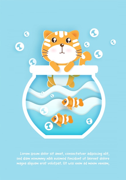 Vector a cute cat with  fish in a bowl for birthday greeting card . paper cut and craft style .