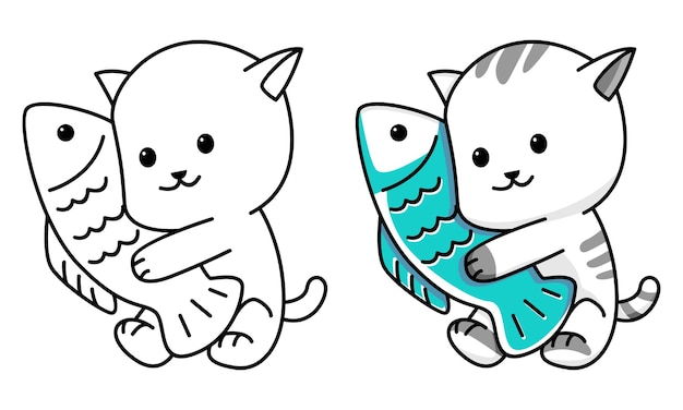 Cute cat with fish coloring page for kids