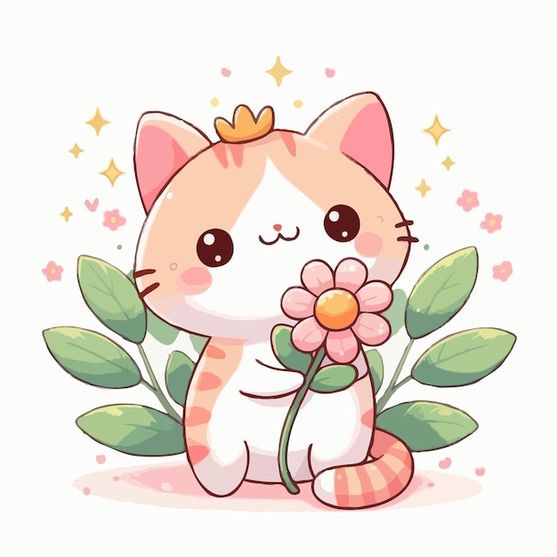 Vettore gatto carino con vettore di fiori su sfondo bianco