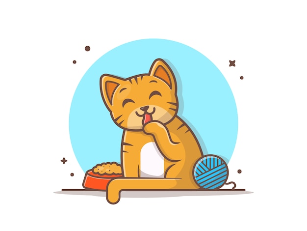 Vector cute cat with food and yarn ball