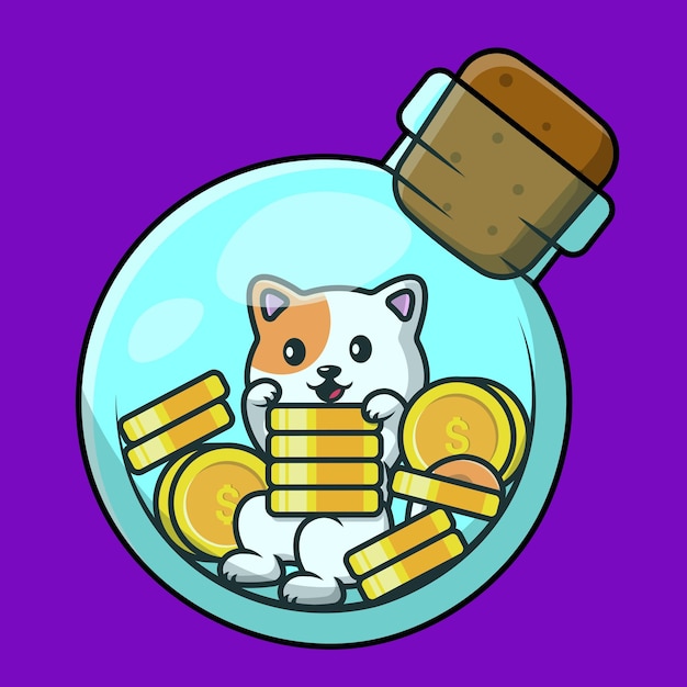 Cute cat with gold coin in bottle cartoon vector icon illustration