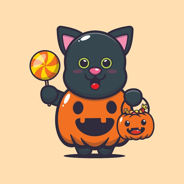 cute cat with halloween pumpkin costume cute halloween cartoon illustration