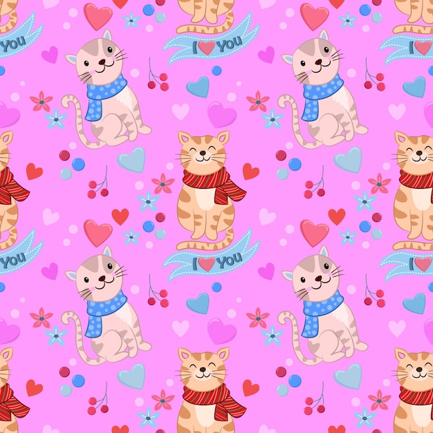 Vector cute cat with heart shape on pink color background seamless pattern valentine's day concept