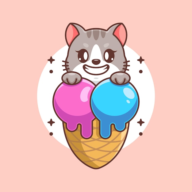 Cute cat with ice cream cone cartoon