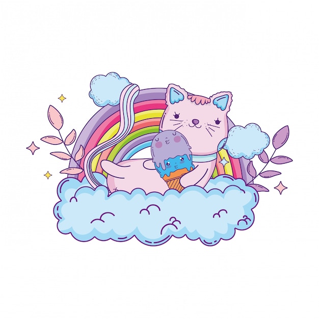 Vector cute cat with ice cream in rainbow