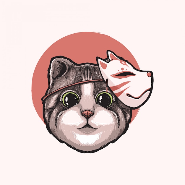 Cute cat with japanese kitsune mask hand drawn illustration