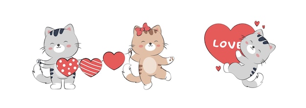 사랑 풍선을 가진 귀여운 고양이 낙서 스타일의 재미있는 새끼 고양이의 벡터 그림