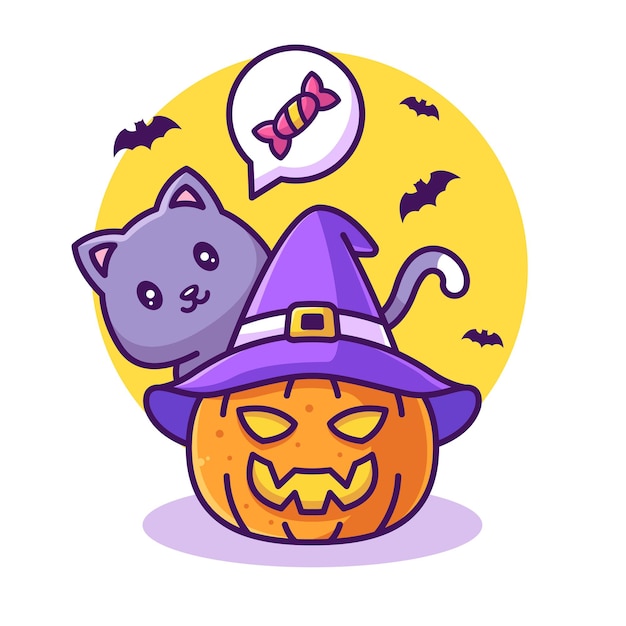 カボチャとキャンディーイラストハロウィーンのロゴのかわいい猫フラットスタイルのベクトルアイコンイラスト