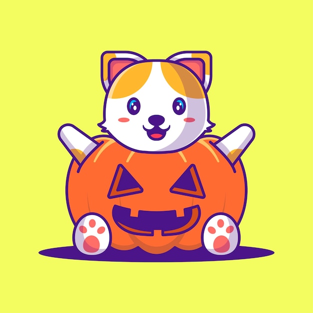 Cute Cat with Pumpkin Costume Cartoon Illustration. Halloween Flat cartoon Style Concept