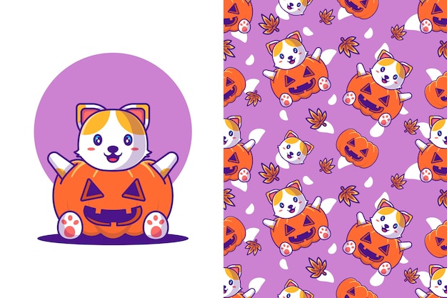 カボチャの衣装とシームレスなパターンで幸せなハロウィーンのかわいい猫