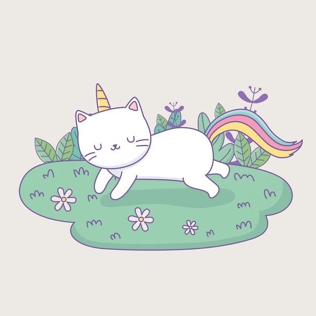 Simpatico gatto con la coda arcobaleno nel personaggio di kawaii del campo