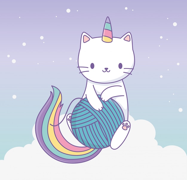 Simpatico gatto con coda arcobaleno e palla di lana personaggio kawaii