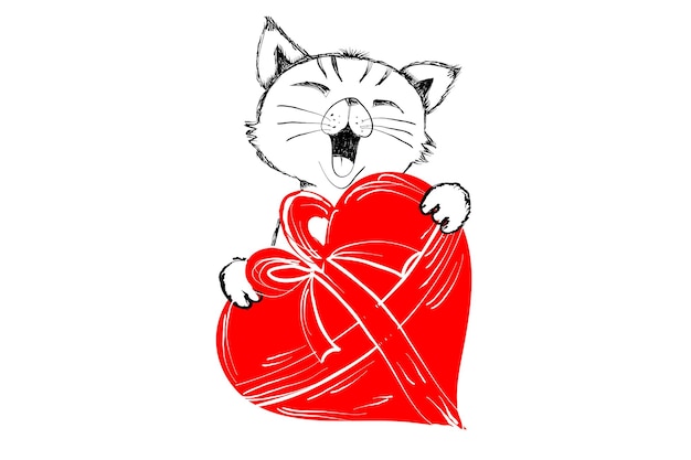 Cute cat with red heart for gift hand drawn in black and white for happy valentine greeting