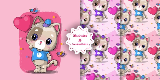 Cute cat with red heart for valentine's day and pattern set