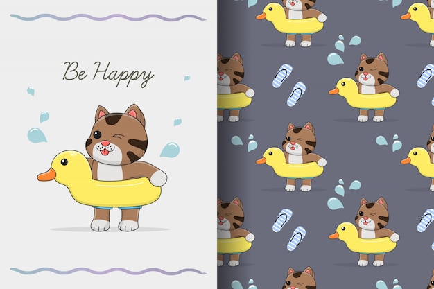 Cute cat with rubber duck seamless pattern and card