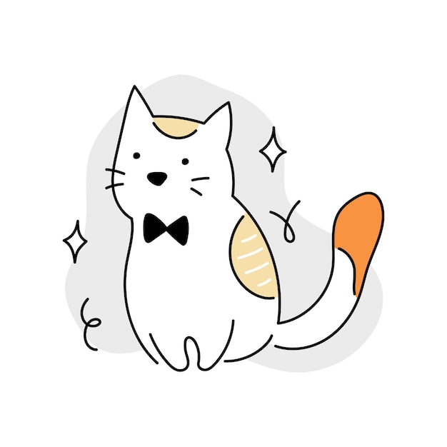 Cute cat with tie bow. Doodle line, vector illustration.
