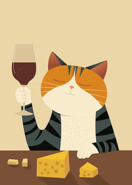 Vector cute cat with a wine glass