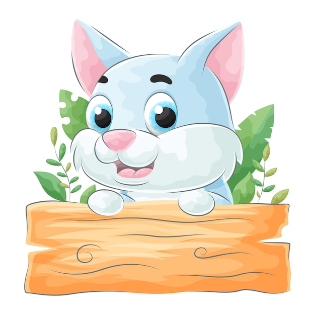 Милый кот с деревянной вывеской на акварельной иллюстрации