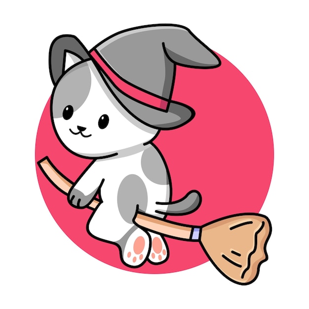 Cute cat wizard flying broom cartoon illustration