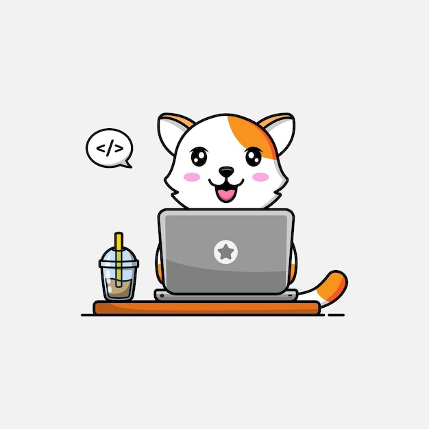 Vector cute cat working in front of computer