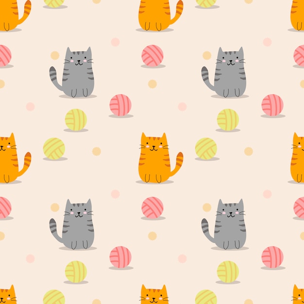 Cute cat and yarn ball seamless pattern.