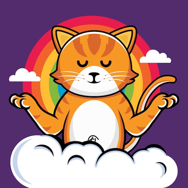cute cat yoga with rainbow background