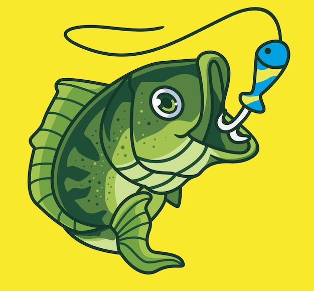Cute catch bass fish while fishing isolated cartoon animal illustration flat style sticker icon