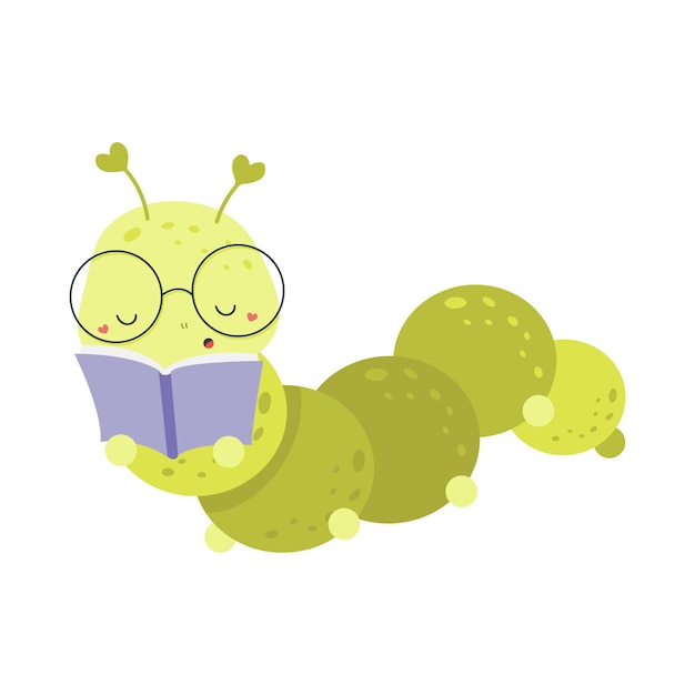 Cute Caterpillar Clipart Isolated on White Background.  Funny Clip Art Caterpillar Reading a Book.