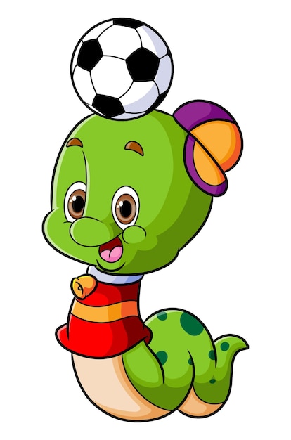 The cute caterpillar is playing the football with the happy face of illustration