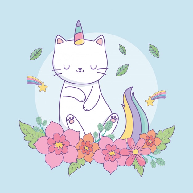 Vector cute caticorn with floral decoration