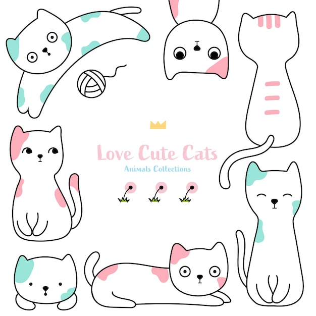 Cute cats animal hand drawn style