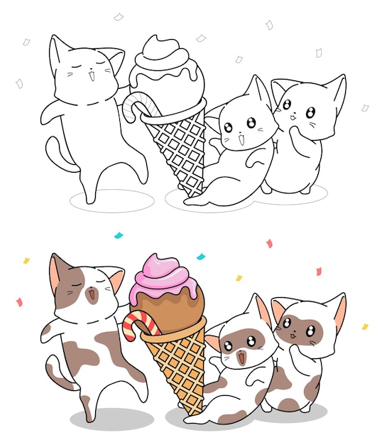 Pagina da colorare di gatti svegli e grande gelato del fumetto