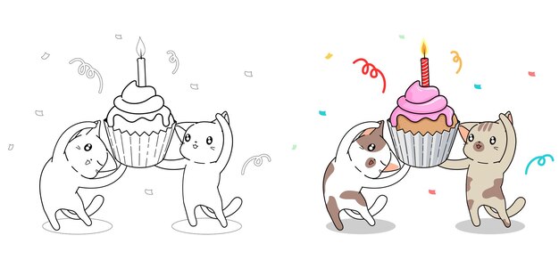 Cute cats in birthday party cartoon coloring page