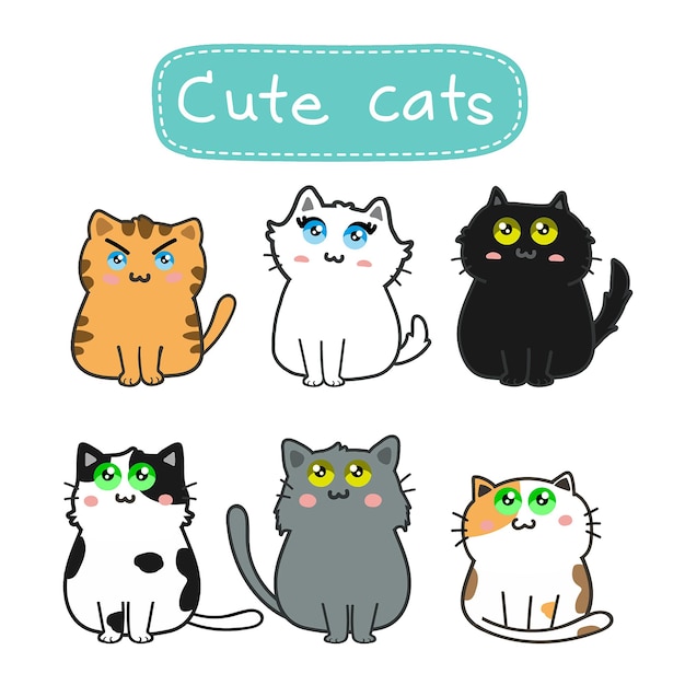 Cute cats cartoon set vector