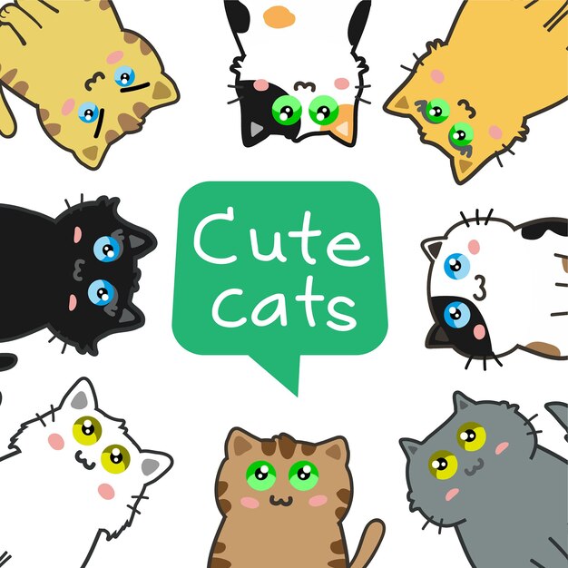 Cute cats cartoon set vector