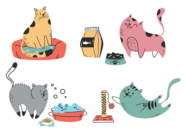 Cute cats characters with tools and food concept doodle line art style isolated set