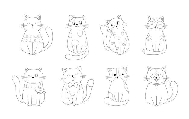 Cute cats collection Domestic funny kitties Set of linear vector illustration isolated on white background