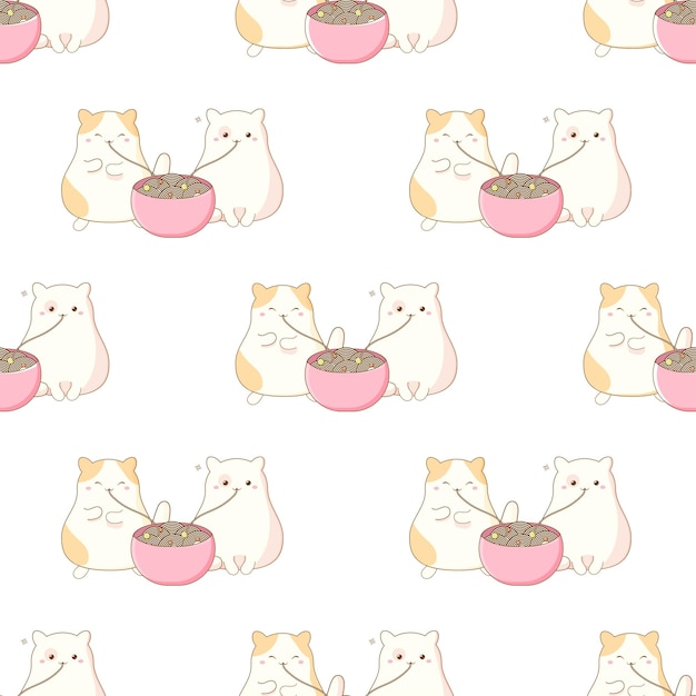 Cute cats eating korean chinese noodles pattern seamless vector illustration
