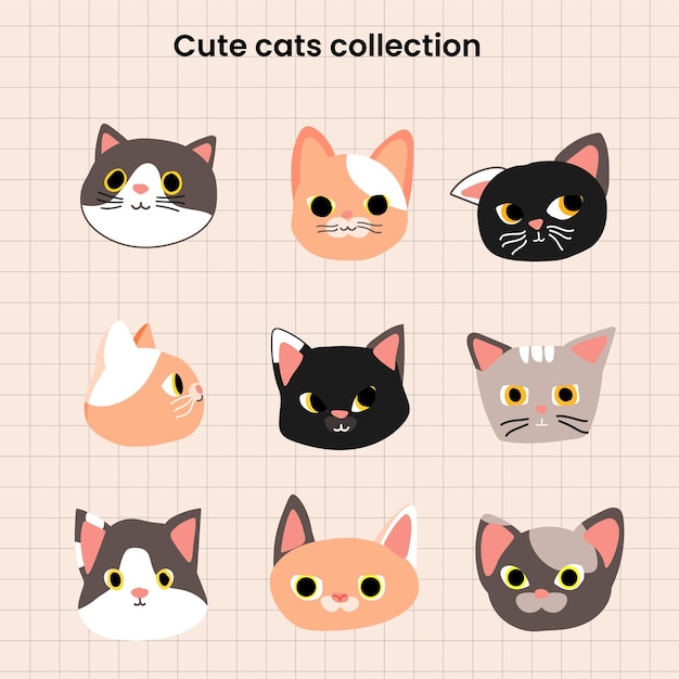 Cute cats face illustration collection