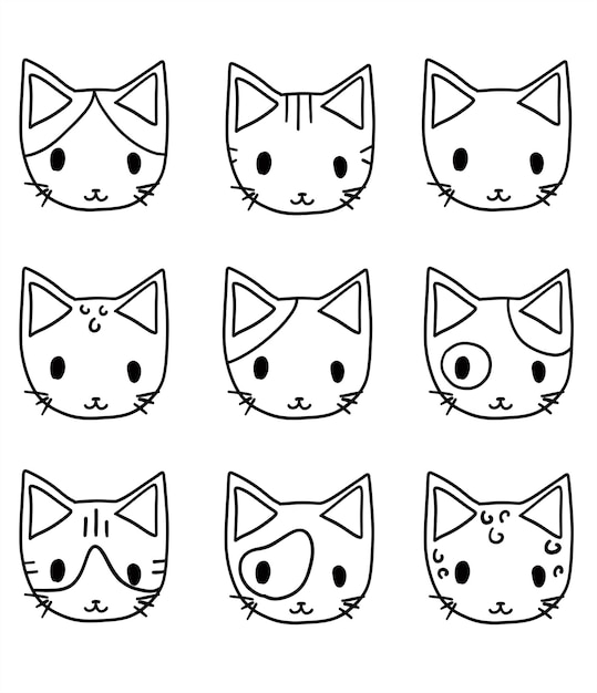 Cute cats faces coloring page set collection Vector flat cartoon kawaii character illustration icon design