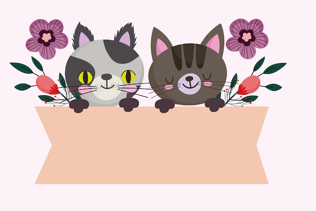 Vector cute cats feline animal with flowers banner, pet cartoon  illustration