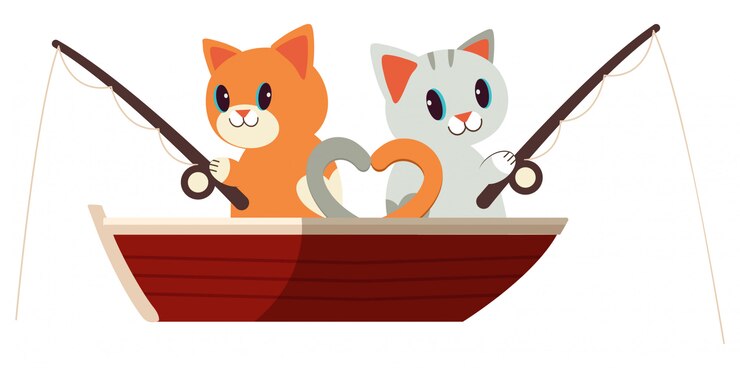 The cute cats fishing on the red both. 
