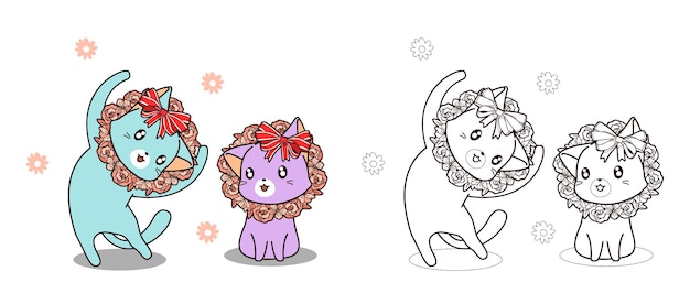귀여운 고양이와 꽃은 행복 만화 색칠 공부 페이지입니다.