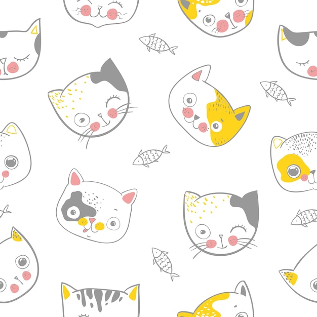 Cute cats hads colorful seamless pattern background.