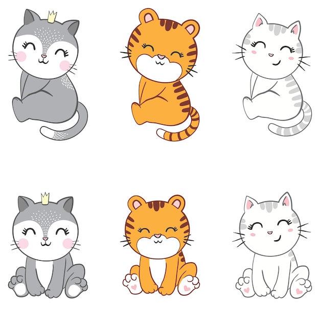 Cute cats. Hand drawn characters. Sweet funny kittens. Vector illustration.