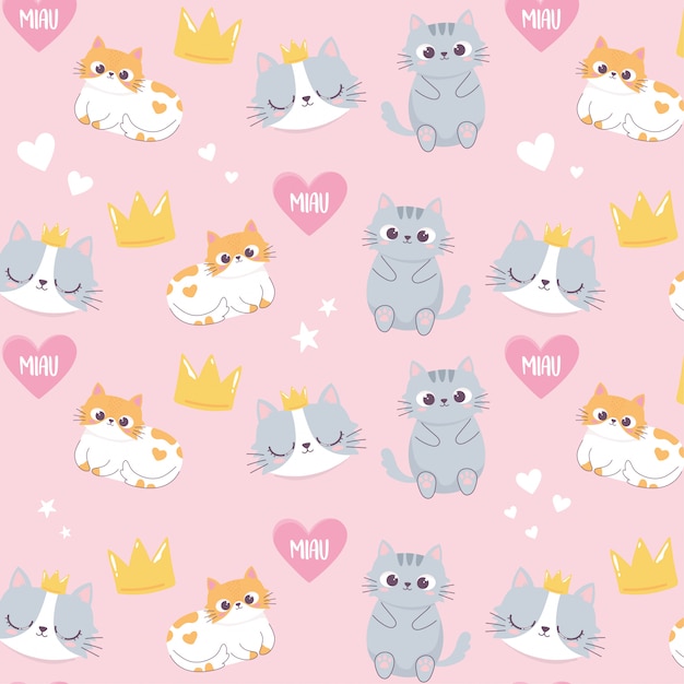 Симпатичные кошки головы корона любовь сердце мультфильм животных забавный персонаж фон