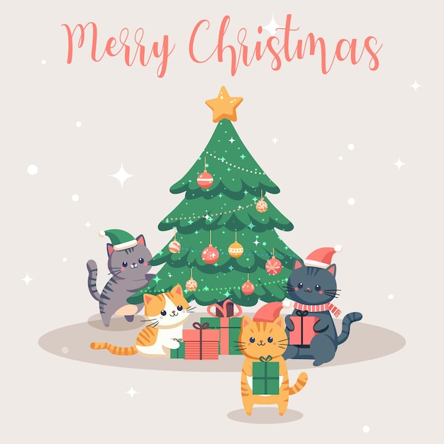 クリスマスツリーの周りにプレゼントを持った可愛い猫
