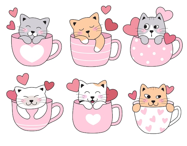 Vettore gatti carinosi gattini in tazze di tè caffè tazze con cuori set di semplici disegni di cartoni animati d'amore