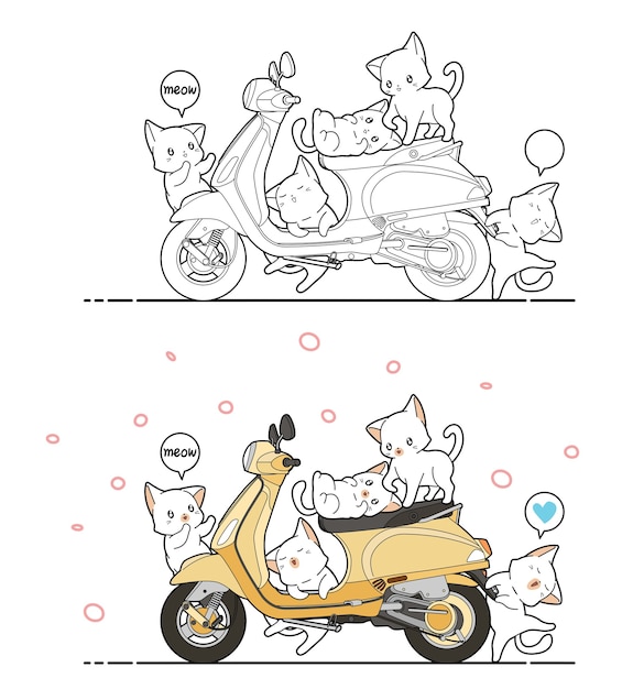 Pagina da colorare di cartoni animati carino gatti e moto per bambini