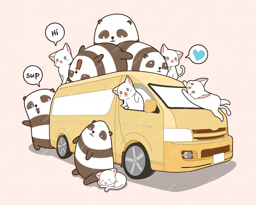 Premium Vector | Cute cats and panda and van.